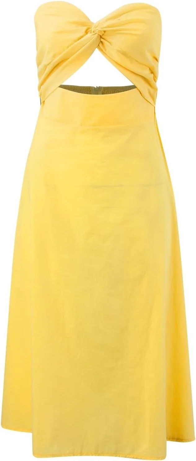 Sexy Front Strapless Sweetheart Neckline Midi Dresses for Women Smocked Cutout Tube Linen Dress Summer Dress Knee