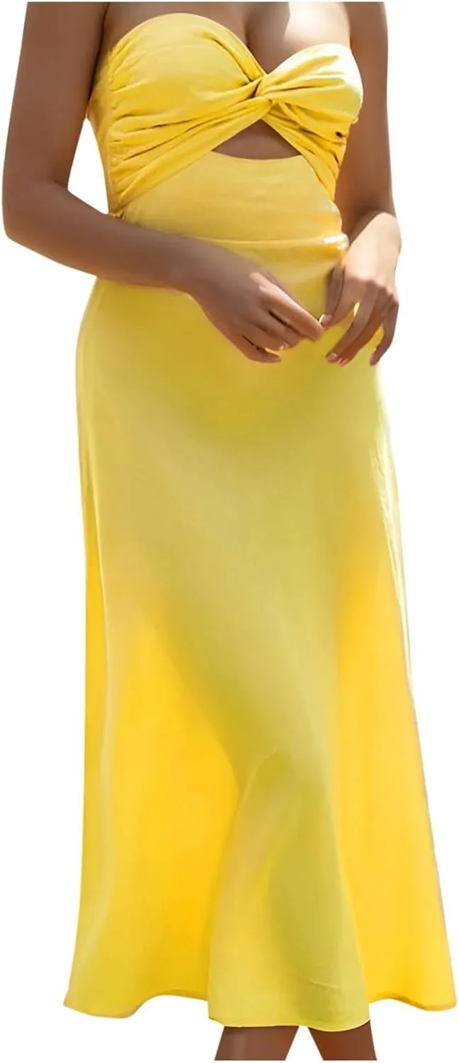 Sexy Front Strapless Sweetheart Neckline Midi Dresses for Women Smocked Cutout Tube Linen Dress Summer Dress Knee