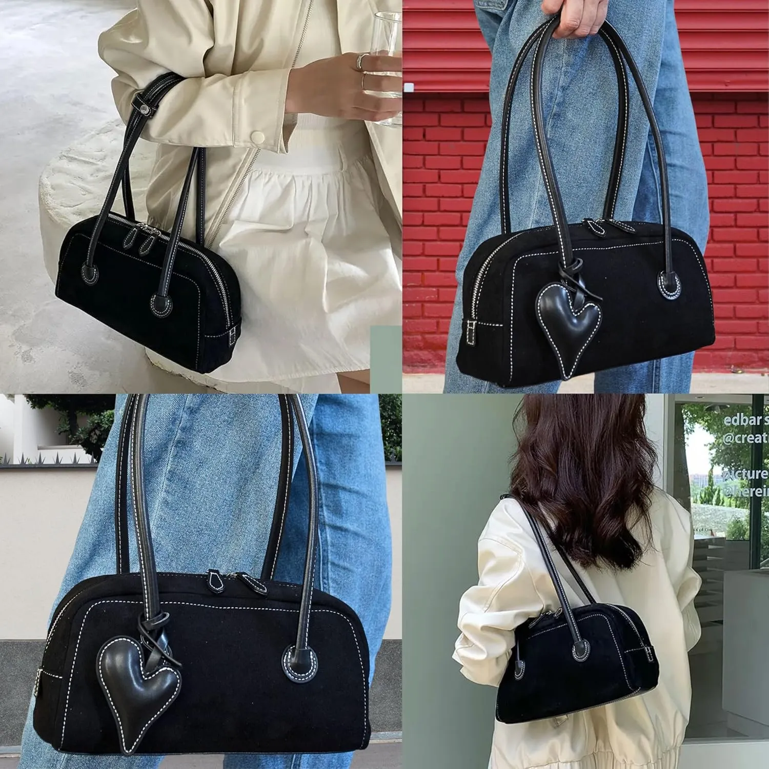 Shoulder Bag for Women Vegan leather Vegan Suede Vintage Handbag Retro Classic Small Hobo Purse with Heart Charm