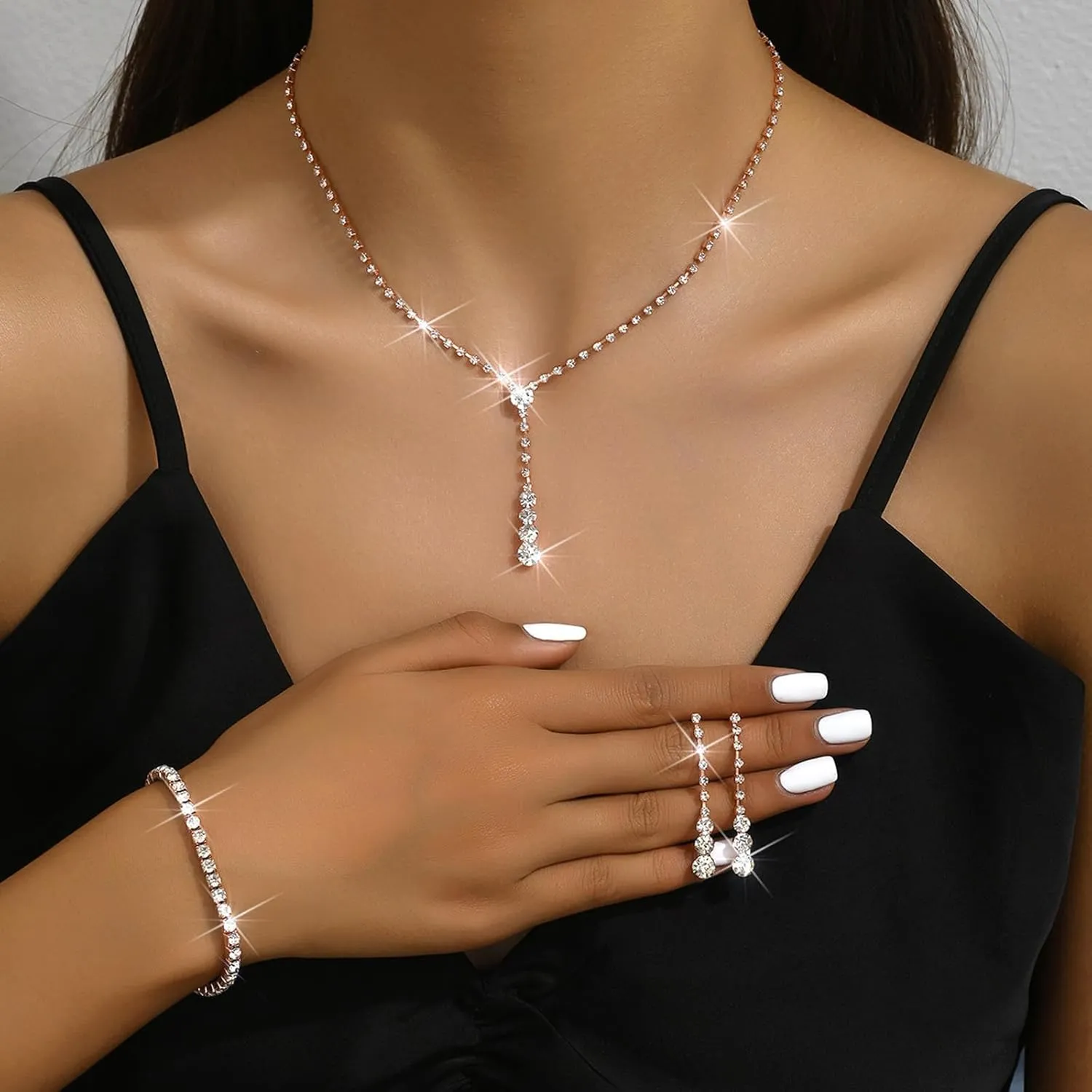 Silver Jewelry Set Wedding Jewelry Sets for Brides Bridesmaid Rhinestone Crystal Statement Choker Necklace Earrings Bracelet Set Bridal Wedding Prom Jewelry Accessories for Women