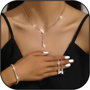 Silver Jewelry Set Wedding Jewelry Sets for Brides Bridesmaid Rhinestone Crystal Statement Choker Necklace Earrings Bracelet Set Bridal Wedding Prom Jewelry Accessories for Women