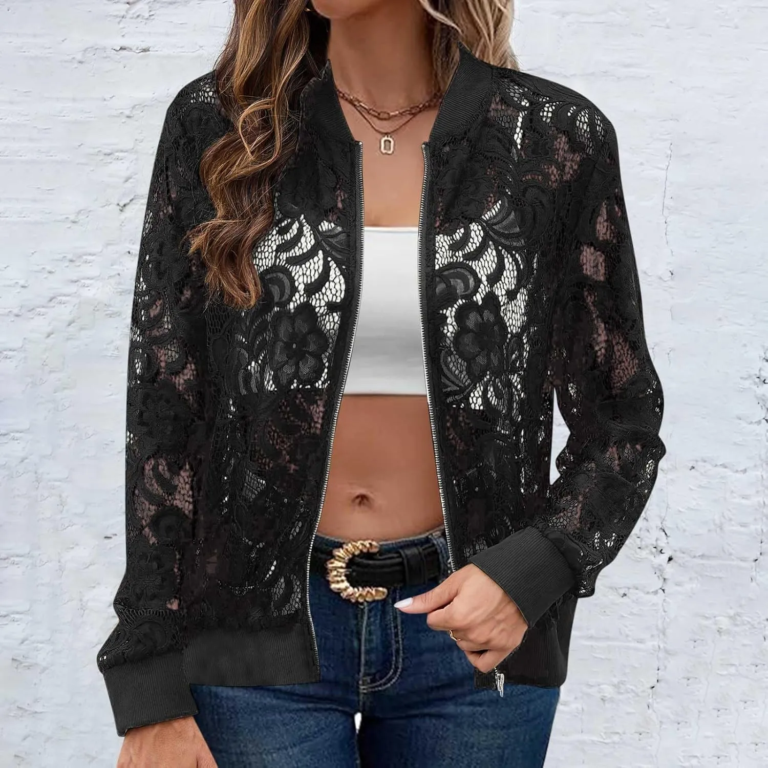 Sinzelimin Womens Lace Flroal Jacket Fashion Zipper Hollow Casual Outwear & Jackets Lightweight Cardigan Clubwear Blouse Tops