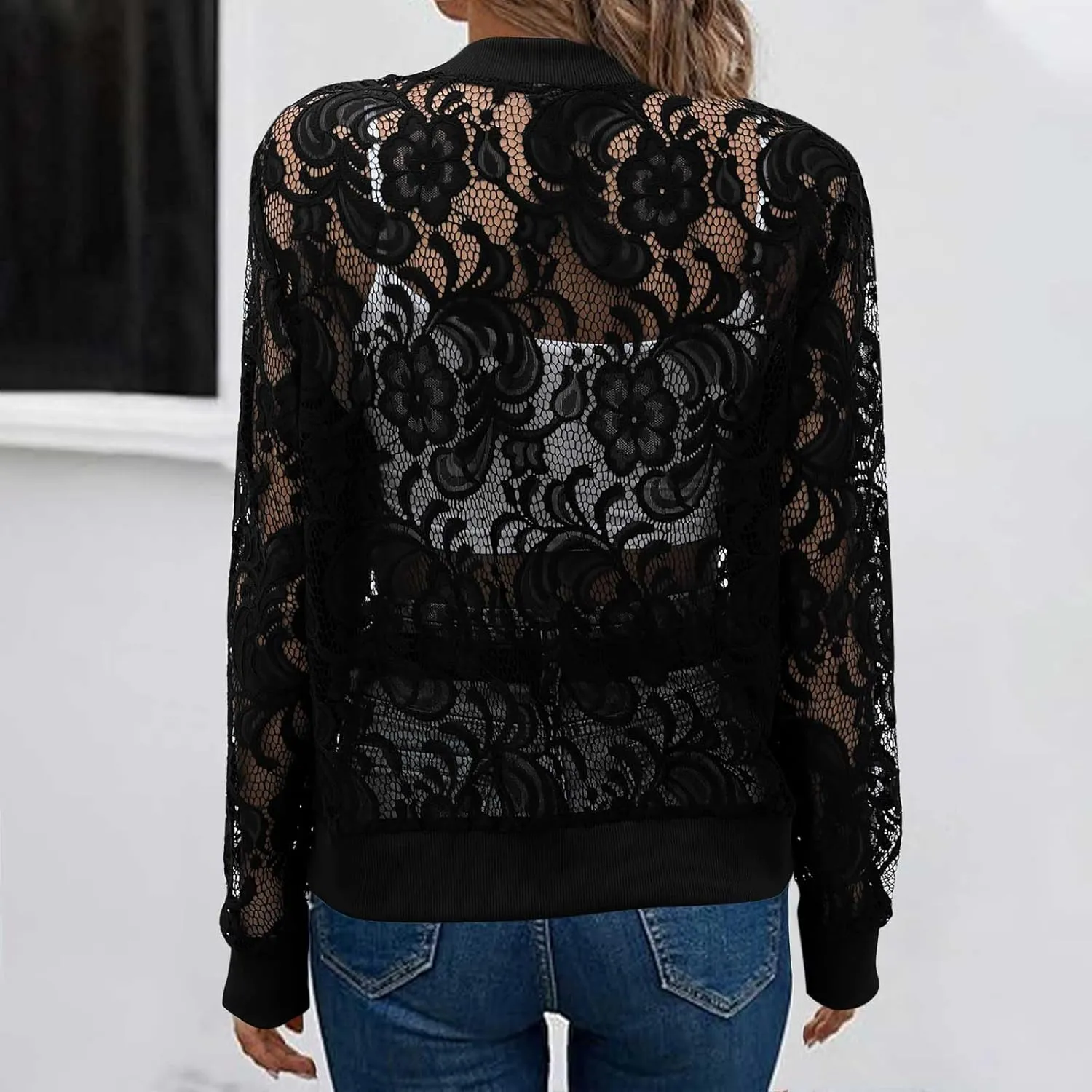 Sinzelimin Womens Lace Flroal Jacket Fashion Zipper Hollow Casual Outwear & Jackets Lightweight Cardigan Clubwear Blouse Tops