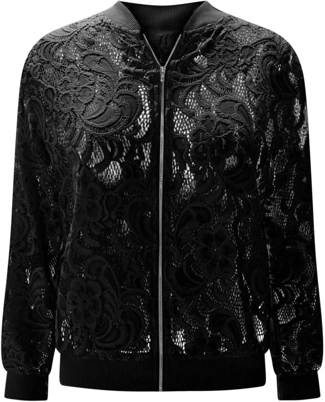 Sinzelimin Womens Lace Flroal Jacket Fashion Zipper Hollow Casual Outwear & Jackets Lightweight Cardigan Clubwear Blouse Tops