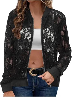 Sinzelimin Womens Lace Flroal Jacket Fashion Zipper Hollow Casual Outwear & Jackets Lightweight Cardigan Clubwear Blouse Tops