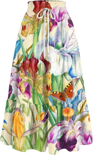 Skirts for Women Trendy Summer Tiered Elastic High Waisted Floral Skirt Vacation A Line Drawstring Flowy Long Skirts