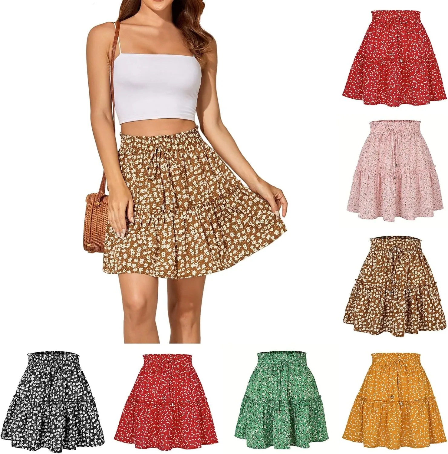 Skorts for Women Dressy Casual Pleated Tiered Flowy Mini Skirt High Waisted A-Line Boho Beach Skirts Summer Hawaiian