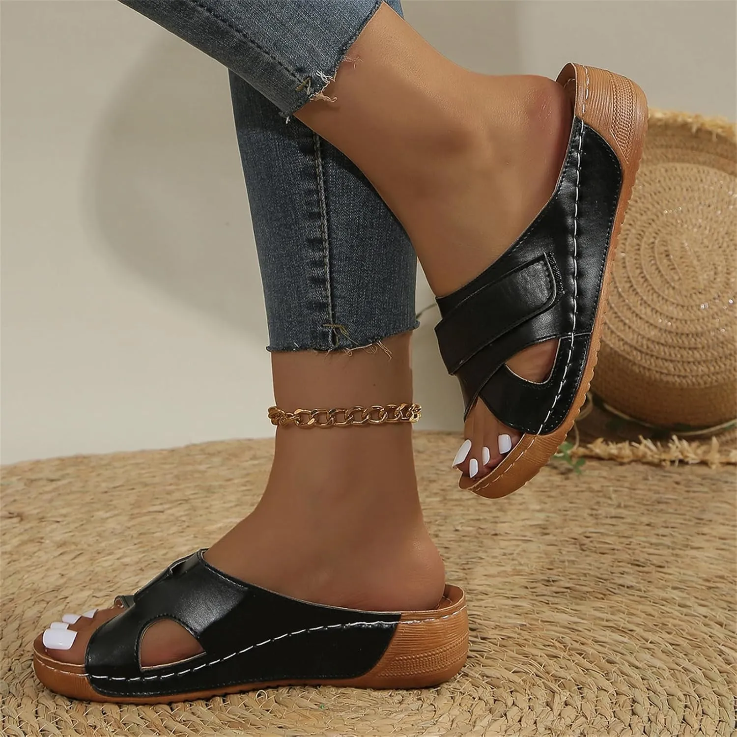 Smoneyful Womens Sandals 2025 Summer Dressy Platform Wedge Espadrille Open Toe Wedge Heels Anti Slip Comfortable Casual Walking Orthopedic Boho Beach Uptown Sunset Slide Sandals