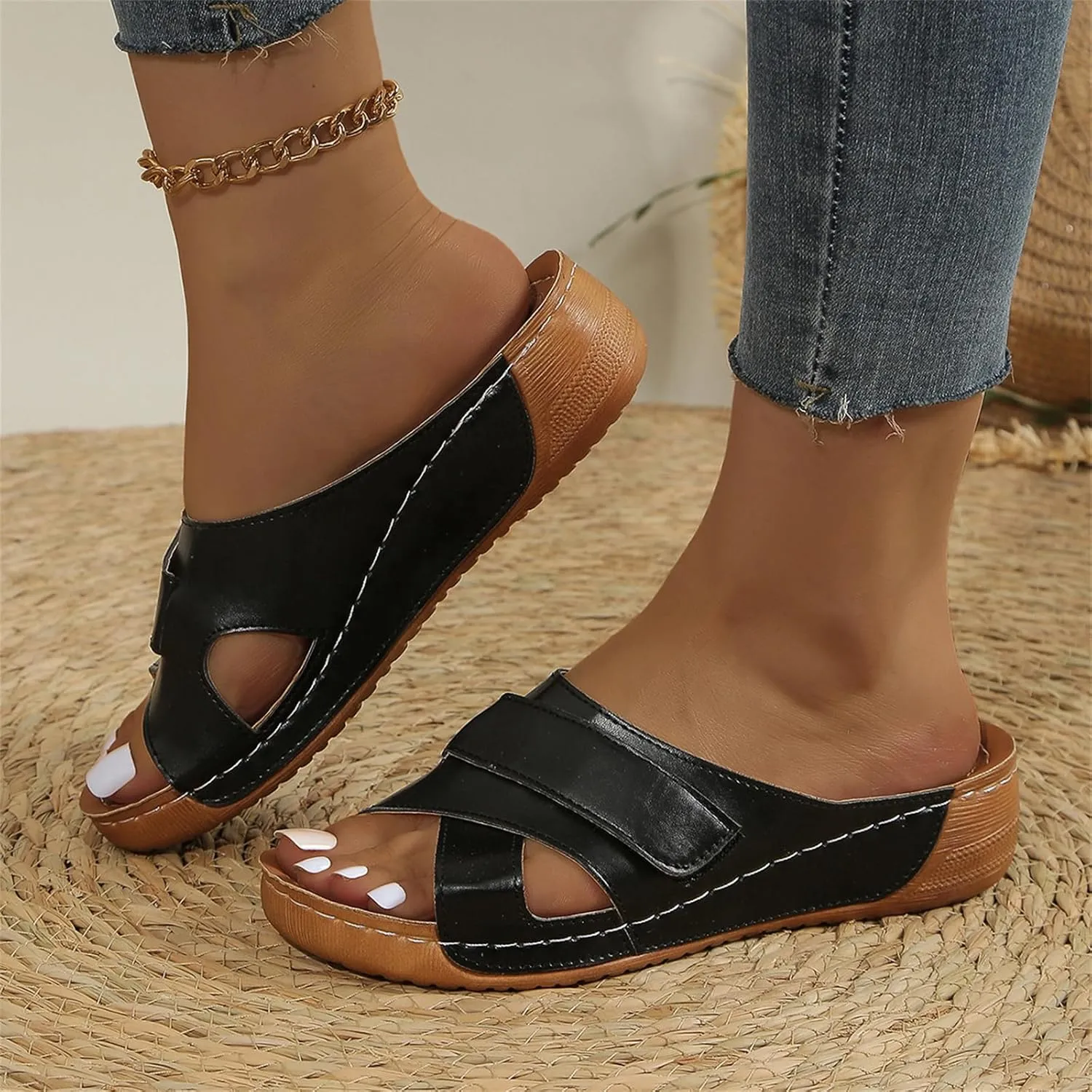 Smoneyful Womens Sandals 2025 Summer Dressy Platform Wedge Espadrille Open Toe Wedge Heels Anti Slip Comfortable Casual Walking Orthopedic Boho Beach Uptown Sunset Slide Sandals