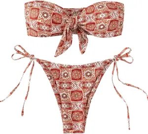 SOLY HUX Women's All Over Print Bandeau Bikini Sets Knot Front Tie Side Bathing Suits Two Piece Swimsuit