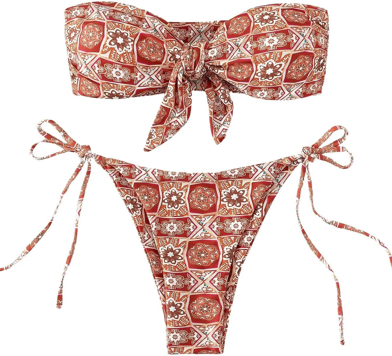 SOLY HUX Women's All Over Print Bandeau Bikini Sets Knot Front Tie Side Bathing Suits Two Piece Swimsuit