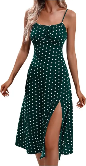 Spaghetti Strap Dresses for Women 2025 Polka Dot Dress Trendy Sleeveless Slit Summer Sundress Beach Holiday Sexy Dress