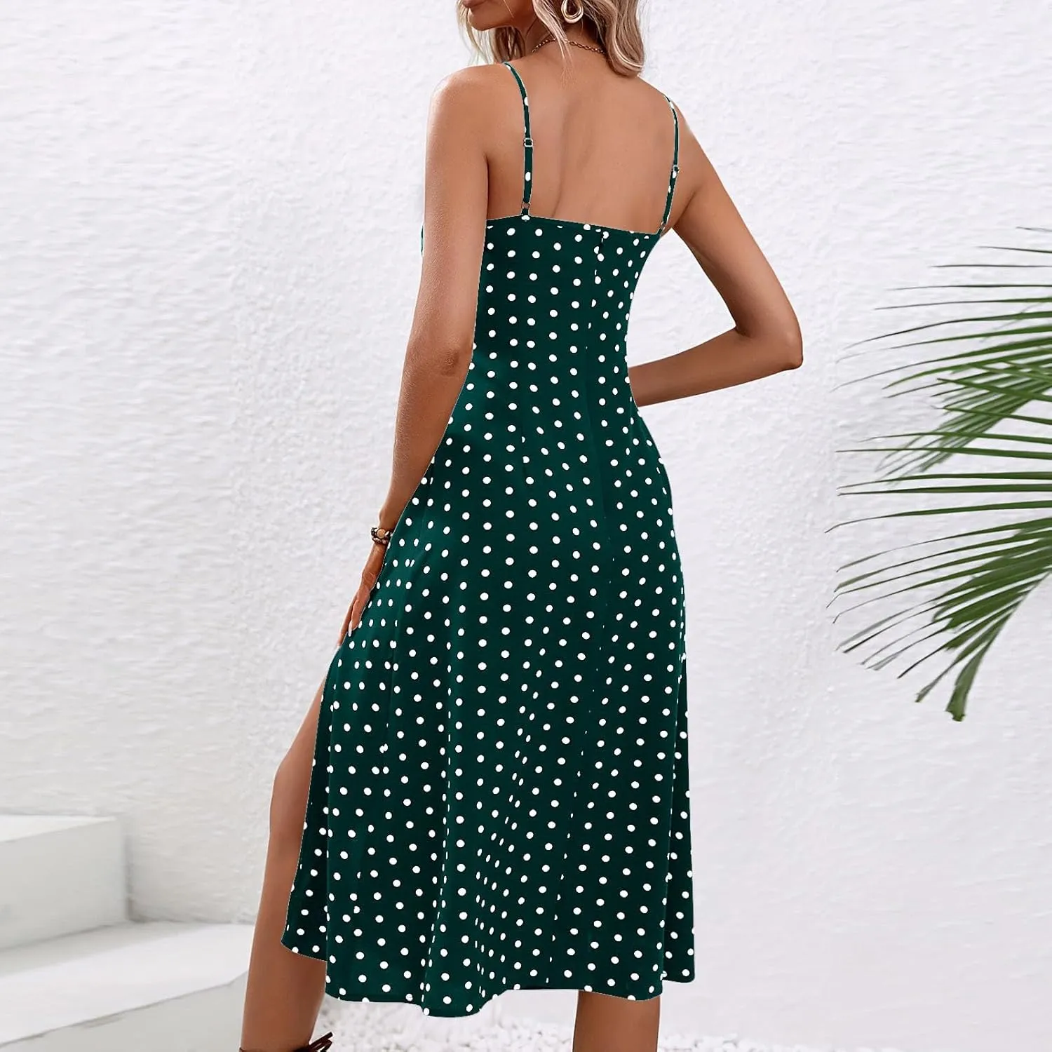 Spaghetti Strap Dresses for Women 2025 Polka Dot Dress Trendy Sleeveless Slit Summer Sundress Beach Holiday Sexy Dress