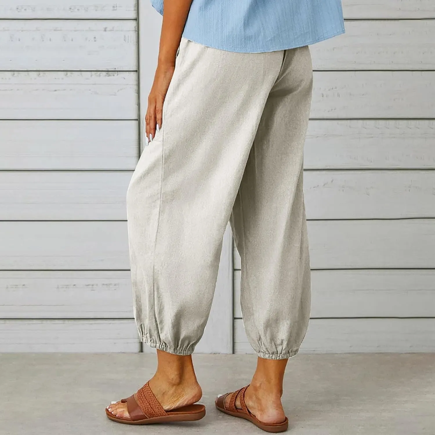Straight Harem Pants Womens High Waist Relaxed Fit Lantern Trousers Cotton Linen Business Casual Summer Elastic Slacks