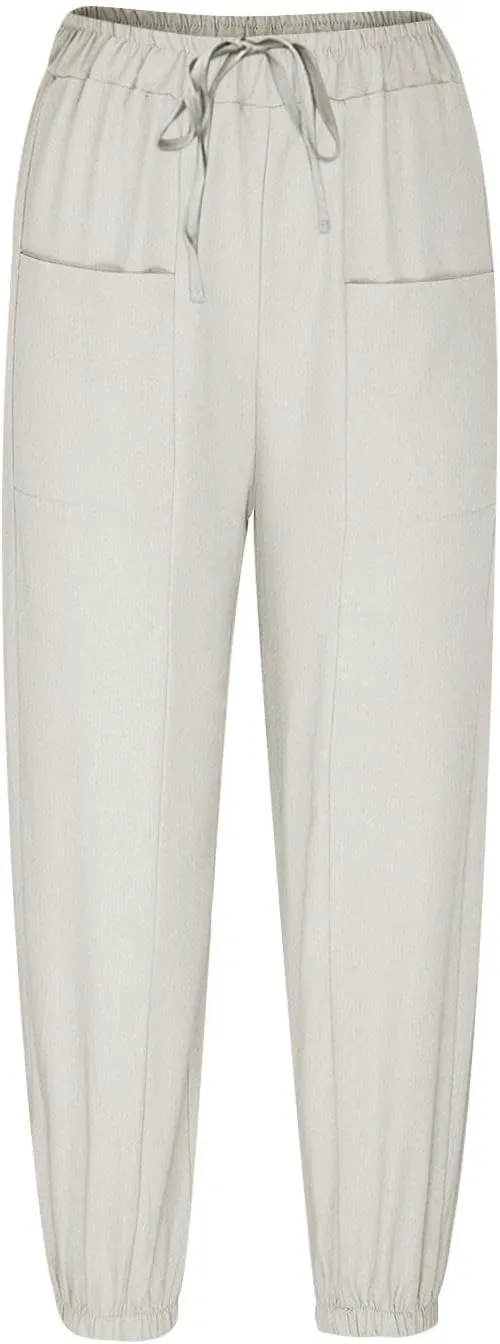 Straight Harem Pants Womens High Waist Relaxed Fit Lantern Trousers Cotton Linen Business Casual Summer Elastic Slacks