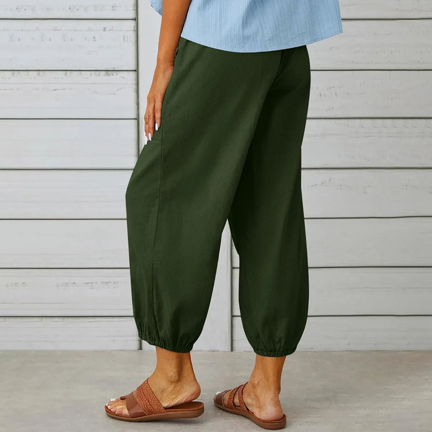 Straight Harem Pants Womens High Waist Relaxed Fit Lantern Trousers Cotton Linen Business Casual Summer Elastic Slacks