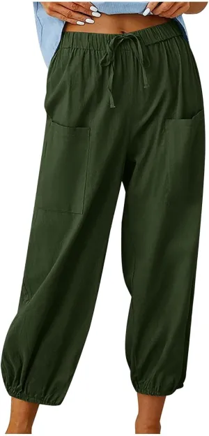 Straight Harem Pants Womens High Waist Relaxed Fit Lantern Trousers Cotton Linen Business Casual Summer Elastic Slacks