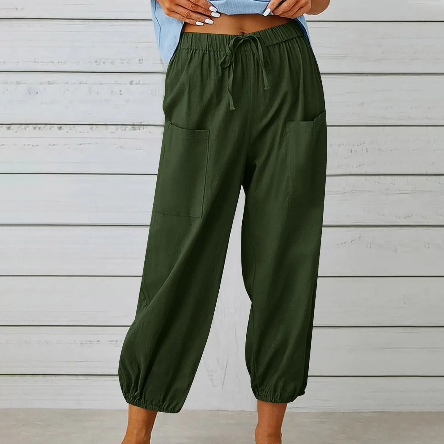 Straight Harem Pants Womens High Waist Relaxed Fit Lantern Trousers Cotton Linen Business Casual Summer Elastic Slacks