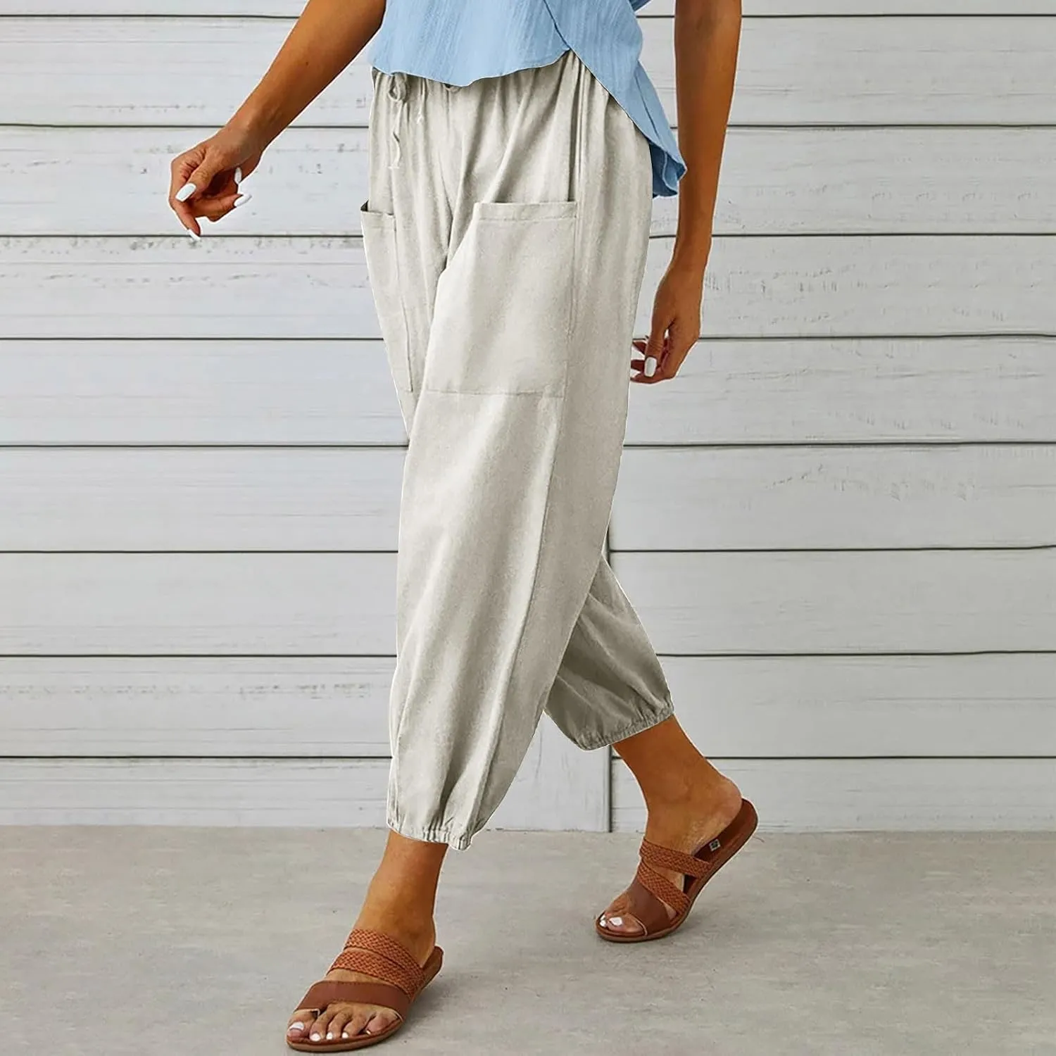 Straight Harem Pants Womens High Waist Relaxed Fit Lantern Trousers Cotton Linen Business Casual Summer Elastic Slacks