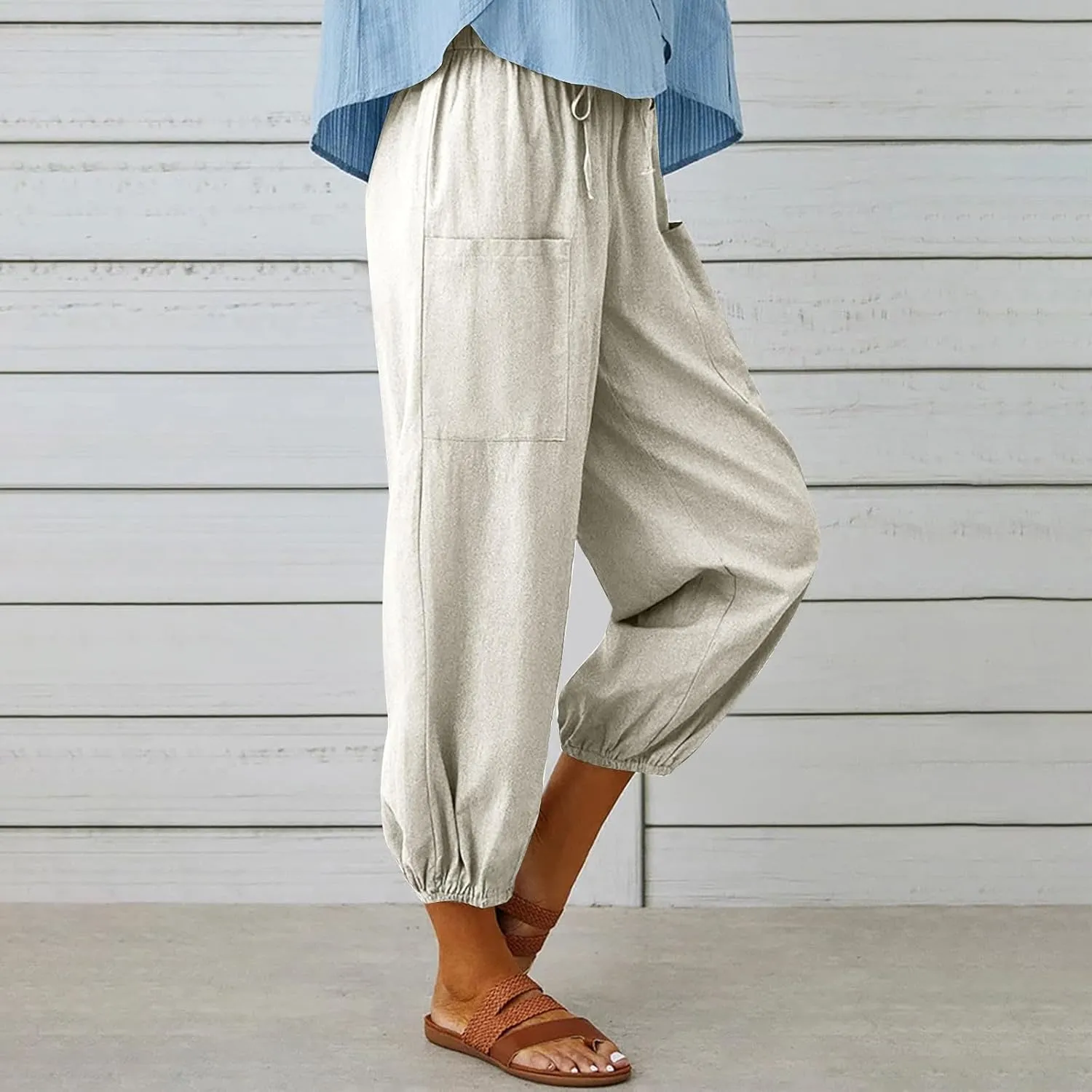 Straight Harem Pants Womens High Waist Relaxed Fit Lantern Trousers Cotton Linen Business Casual Summer Elastic Slacks