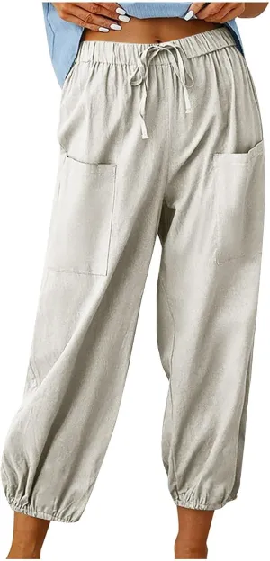 Straight Harem Pants Womens High Waist Relaxed Fit Lantern Trousers Cotton Linen Business Casual Summer Elastic Slacks