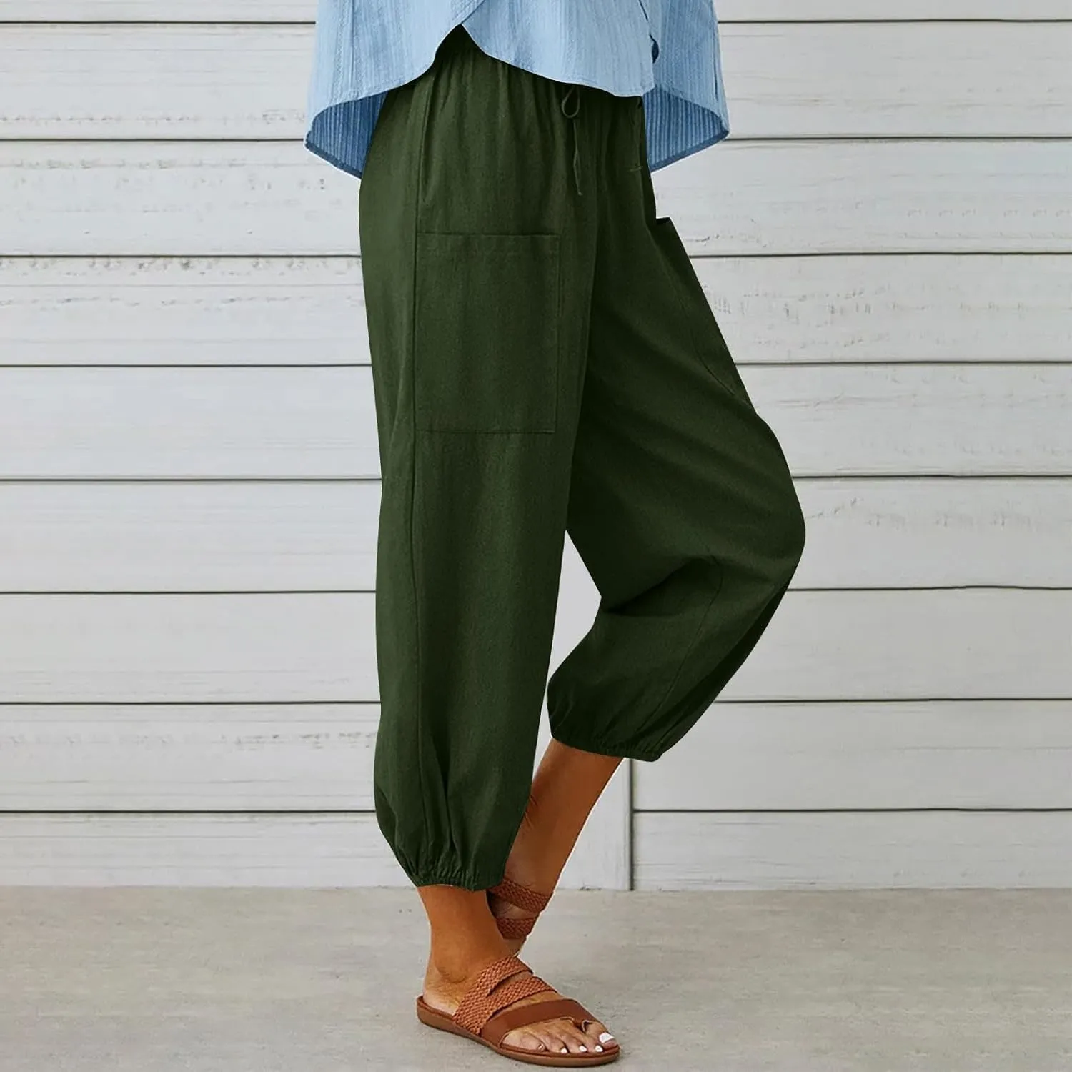 Straight Harem Pants Womens High Waist Relaxed Fit Lantern Trousers Cotton Linen Business Casual Summer Elastic Slacks