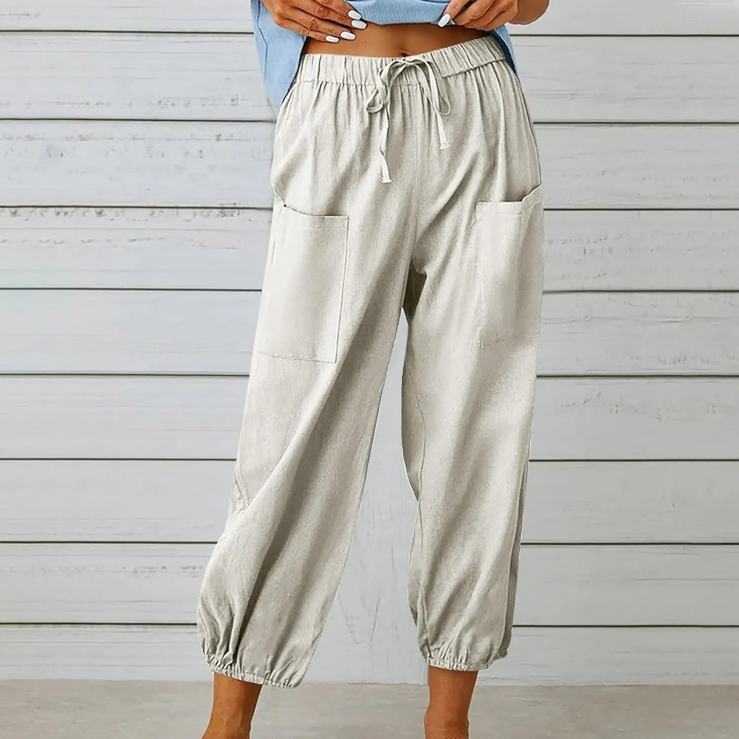 Straight Harem Pants Womens High Waist Relaxed Fit Lantern Trousers Cotton Linen Business Casual Summer Elastic Slacks