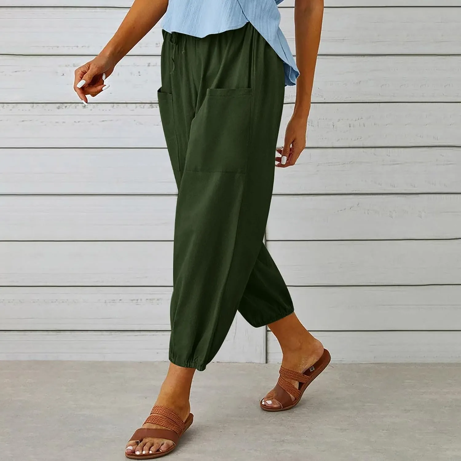 Straight Harem Pants Womens High Waist Relaxed Fit Lantern Trousers Cotton Linen Business Casual Summer Elastic Slacks