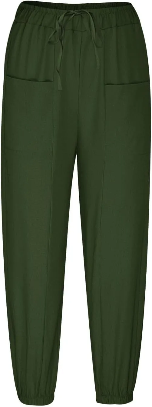 Straight Harem Pants Womens High Waist Relaxed Fit Lantern Trousers Cotton Linen Business Casual Summer Elastic Slacks