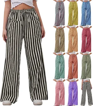Striped Pants for Women 2025 Spring Drawstring Striped Pants Loose Wide Leg Trousers Casual Low Waist Pant