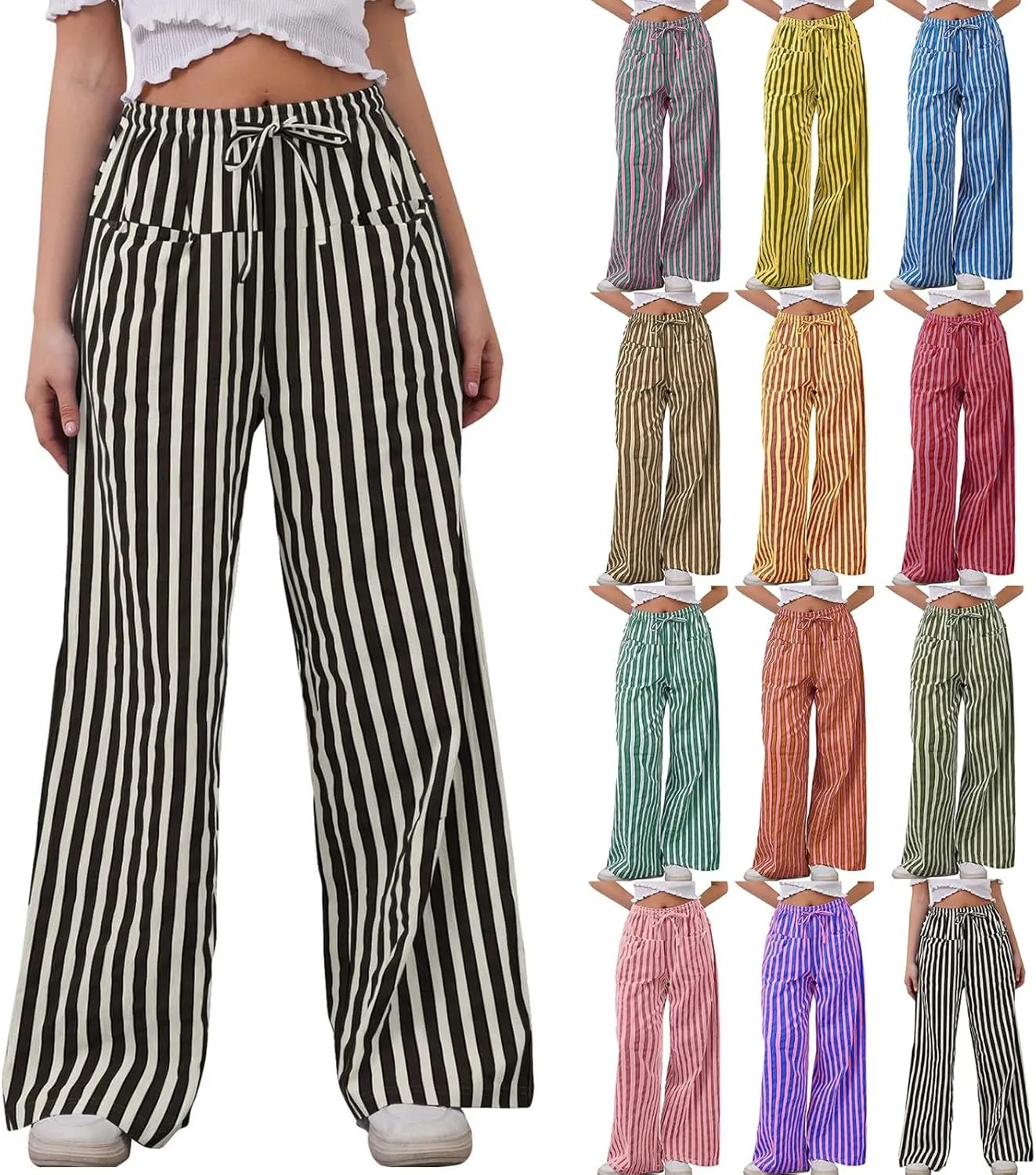 Striped Pants for Women 2025 Spring Drawstring Striped Pants Loose Wide Leg Trousers Casual Low Waist Pant
