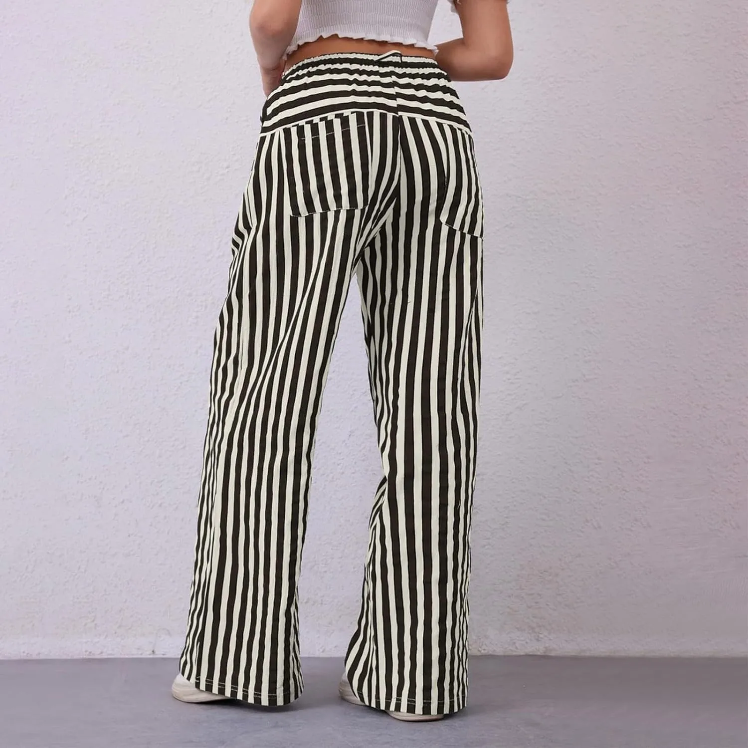 Striped Pants for Women 2025 Spring Drawstring Striped Pants Loose Wide Leg Trousers Casual Low Waist Pant