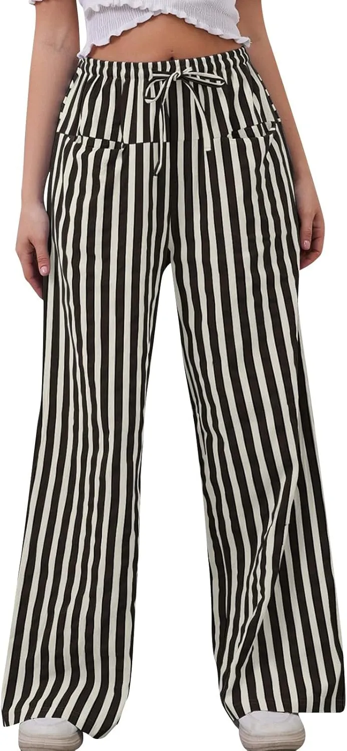 Striped Pants for Women 2025 Spring Drawstring Striped Pants Loose Wide Leg Trousers Casual Low Waist Pant