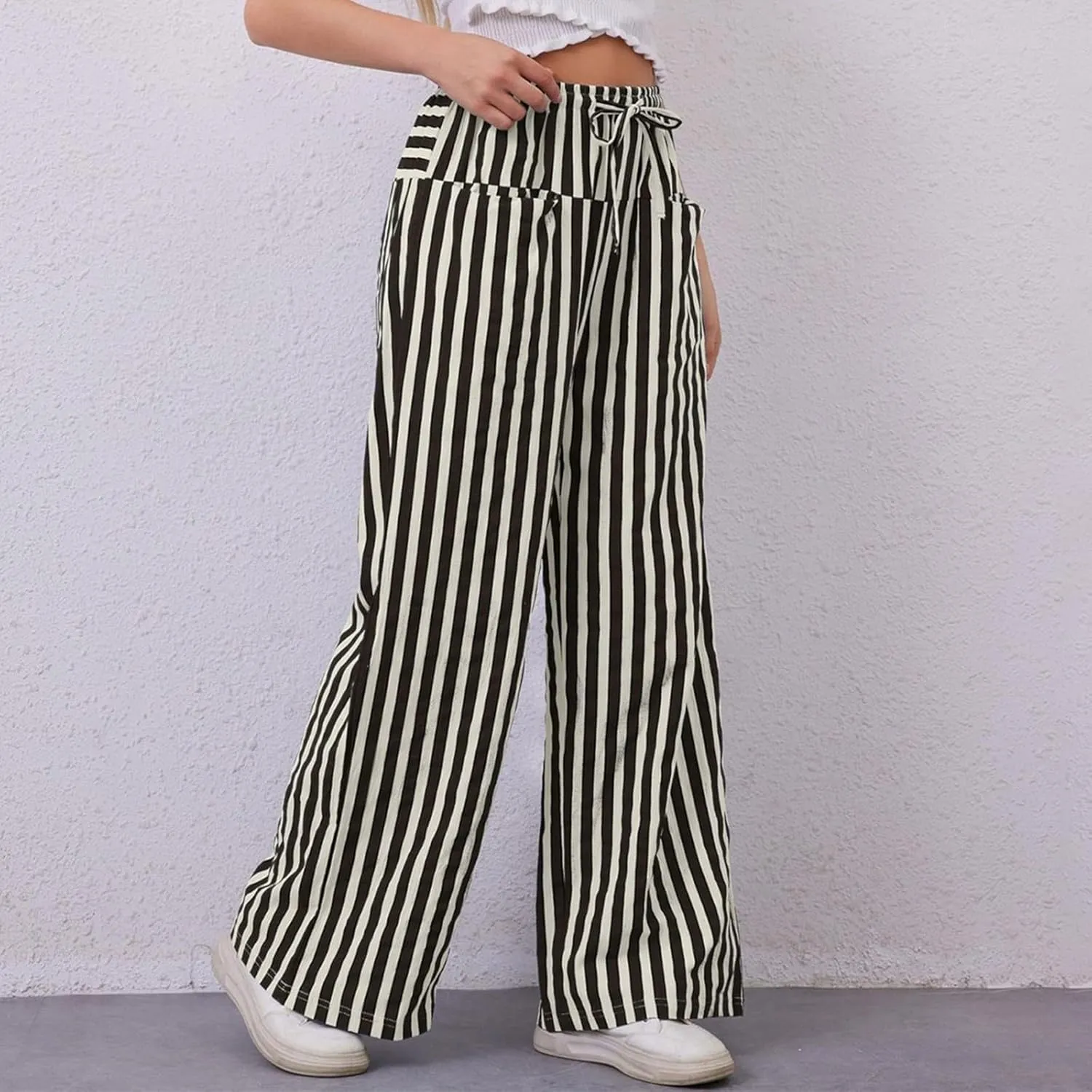 Striped Pants for Women 2025 Spring Drawstring Striped Pants Loose Wide Leg Trousers Casual Low Waist Pant