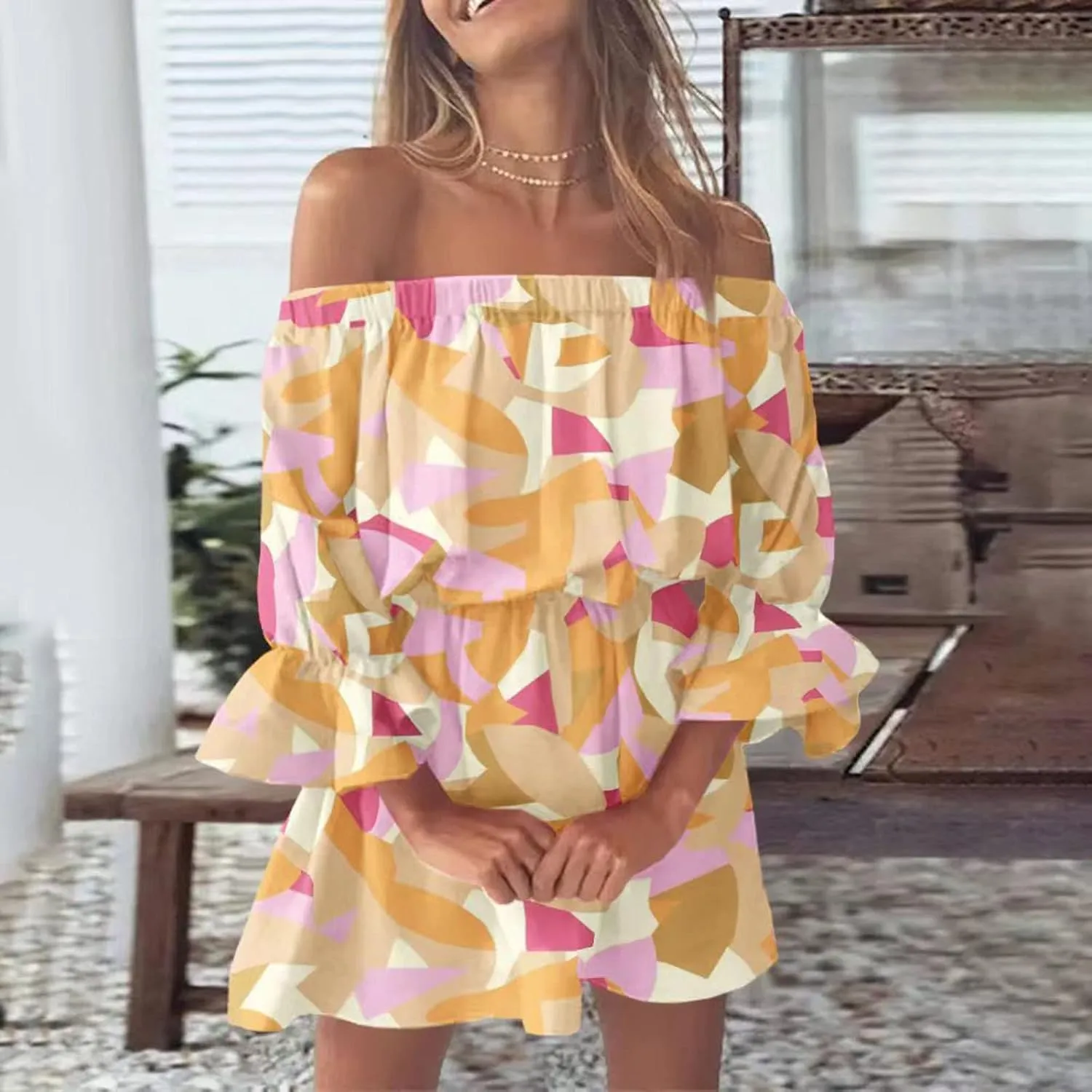 Summer Boho Dresses for Women Beach Sexy Off Shoulder Tunic Sundresses Casual Loose Fit Short Sleeve Mini Floral Dress