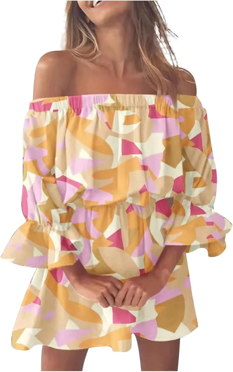 Summer Boho Dresses for Women Beach Sexy Off Shoulder Tunic Sundresses Casual Loose Fit Short Sleeve Mini Floral Dress