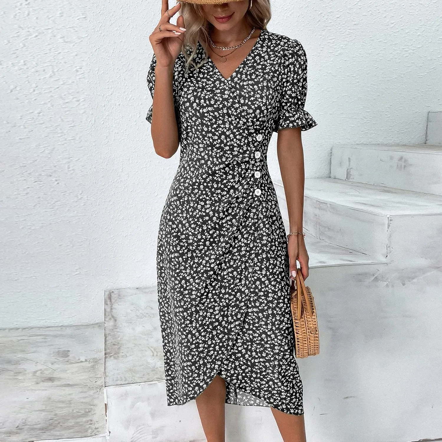 Summer Dresses for Women 2024 Quinceanera Dresses Floral O-Neck Plus Size Wedding Holiday Short Sleeve Maxi Dress