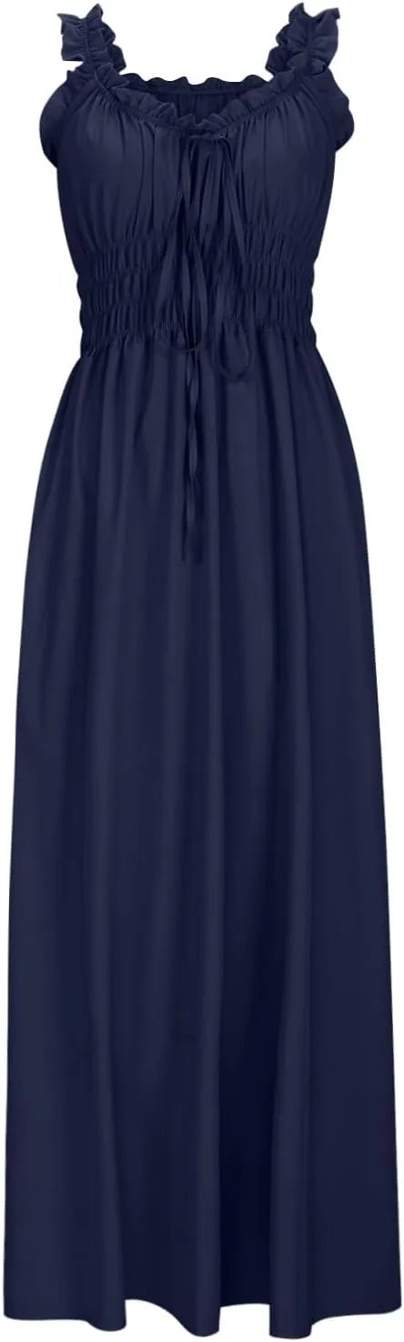 Summer Dresses for Women 2024 Smocked A Line Maxi Dress Sleeveless High Waist Beach Sun Dresses Flowy Milkmaid Dress