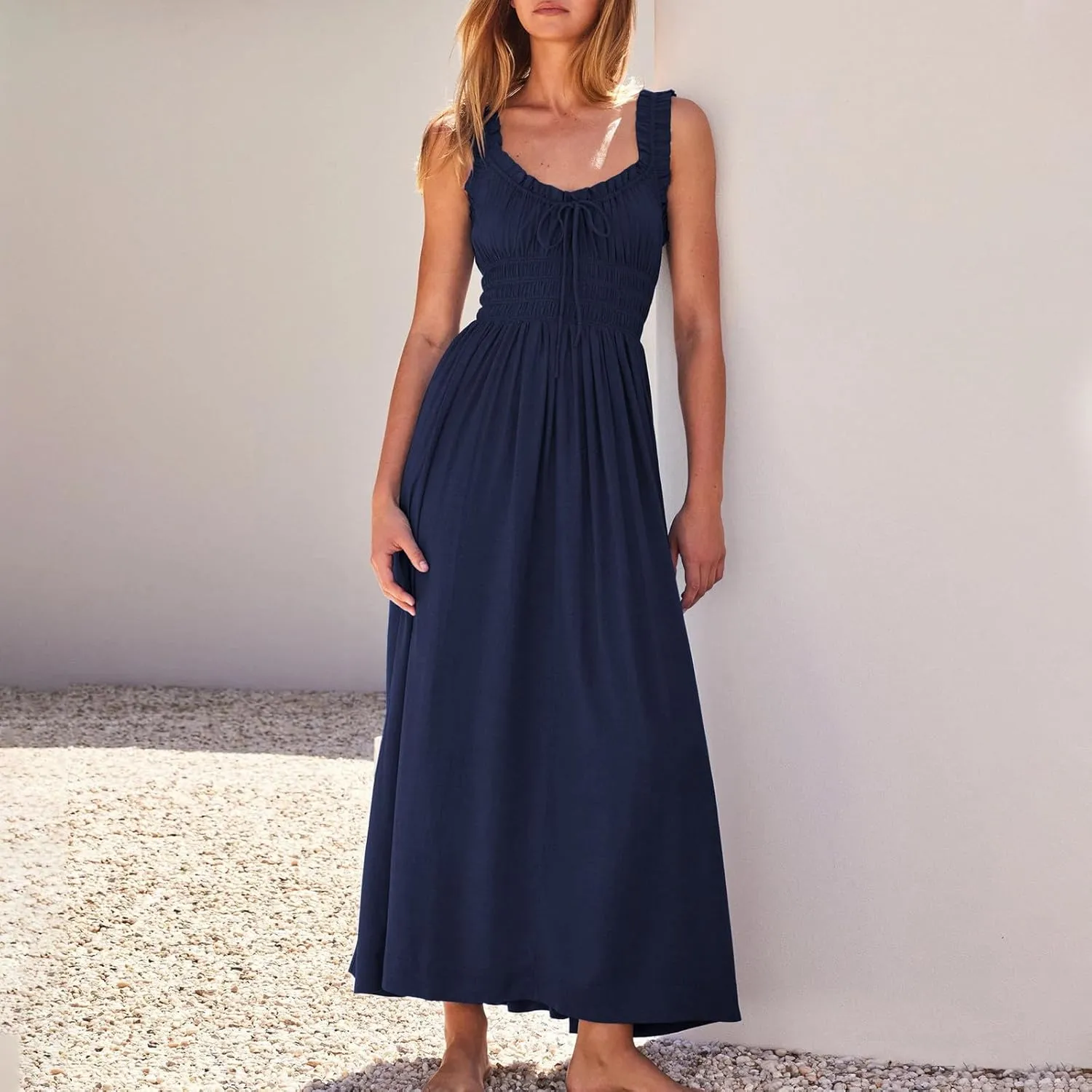 Summer Dresses for Women 2024 Smocked A Line Maxi Dress Sleeveless High Waist Beach Sun Dresses Flowy Milkmaid Dress