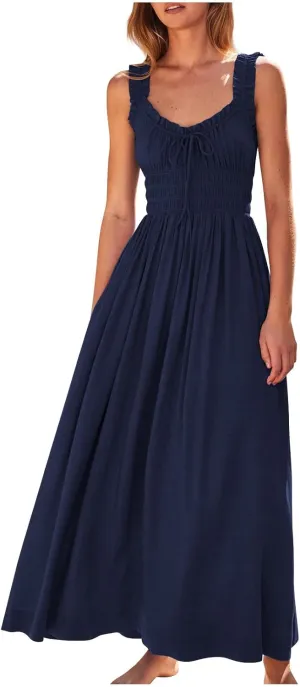 Summer Dresses for Women 2024 Smocked A Line Maxi Dress Sleeveless High Waist Beach Sun Dresses Flowy Milkmaid Dress