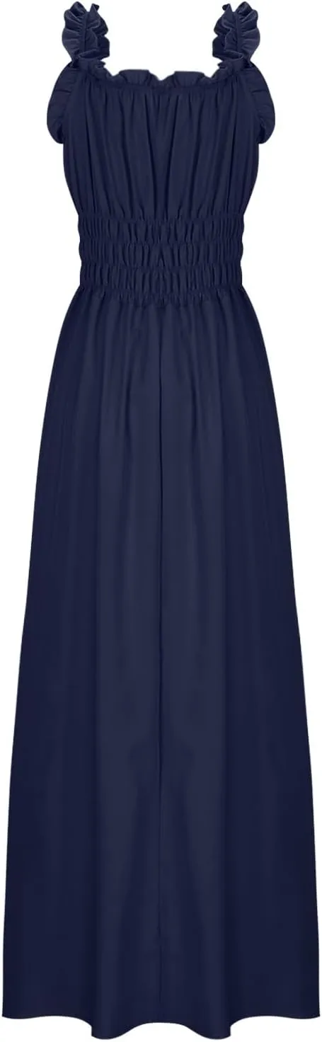 Summer Dresses for Women 2024 Smocked A Line Maxi Dress Sleeveless High Waist Beach Sun Dresses Flowy Milkmaid Dress