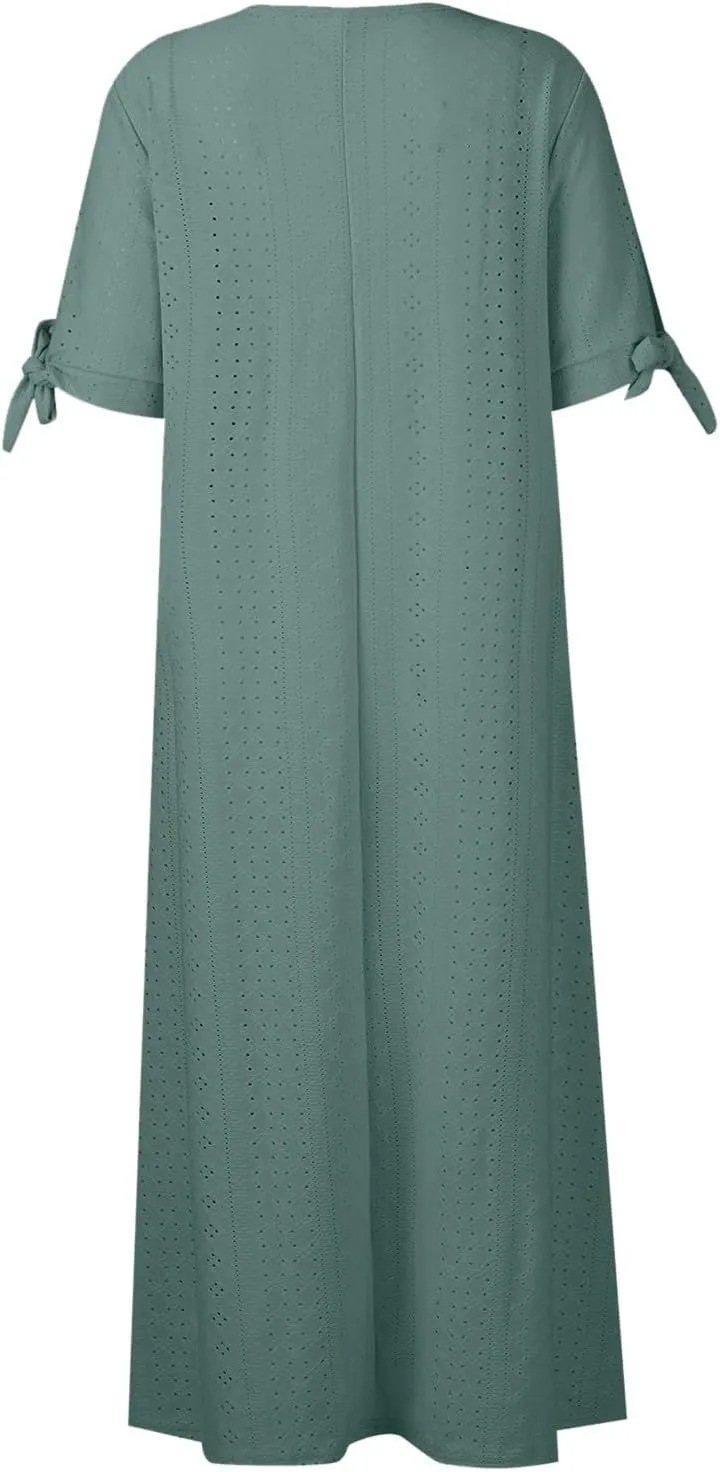 Summer Dresses for Women 2025 Casual Button Up Short Sleeve Eyelet Dress for Women Boho Tshirt Dress Beach Vacation Sundress
