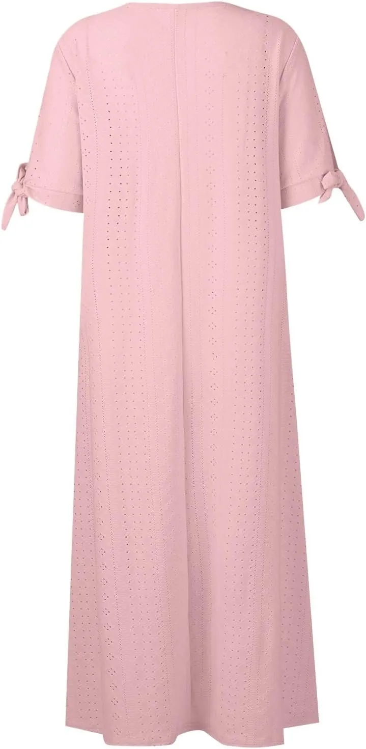 Summer Dresses for Women 2025 Casual Button Up Short Sleeve Eyelet Dress for Women Boho Tshirt Dress Beach Vacation Sundress