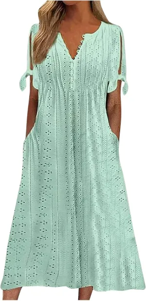 Summer Dresses for Women 2025 Casual Button Up Short Sleeve Eyelet Dress for Women Boho Tshirt Dress Beach Vacation Sundress