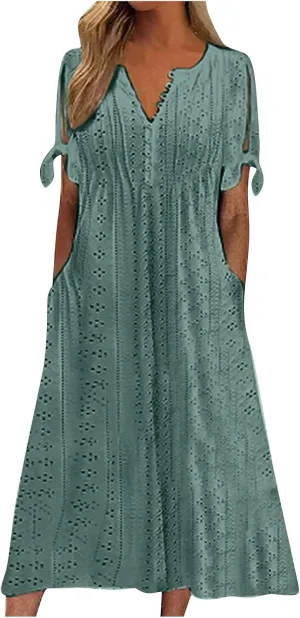 Summer Dresses for Women 2025 Casual Button Up Short Sleeve Eyelet Dress for Women Boho Tshirt Dress Beach Vacation Sundress