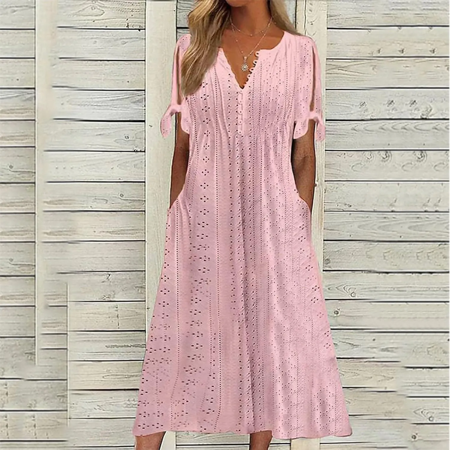 Summer Dresses for Women 2025 Casual Button Up Short Sleeve Eyelet Dress for Women Boho Tshirt Dress Beach Vacation Sundress