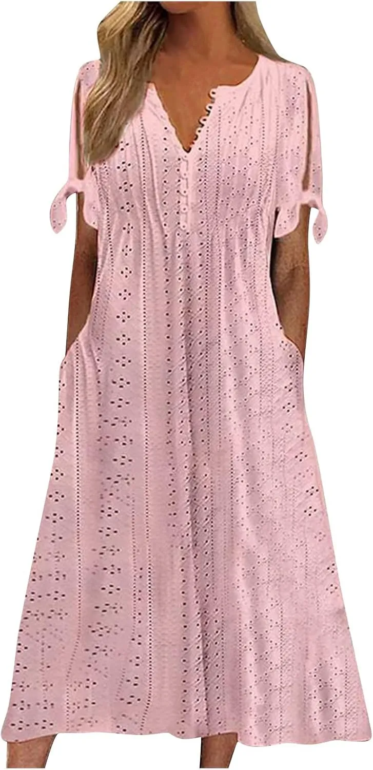Summer Dresses for Women 2025 Casual Button Up Short Sleeve Eyelet Dress for Women Boho Tshirt Dress Beach Vacation Sundress