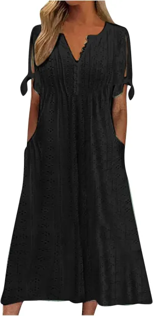 Summer Dresses for Women 2025 Casual Button Up Short Sleeve Eyelet Dress for Women Boho Tshirt Dress Beach Vacation Sundress