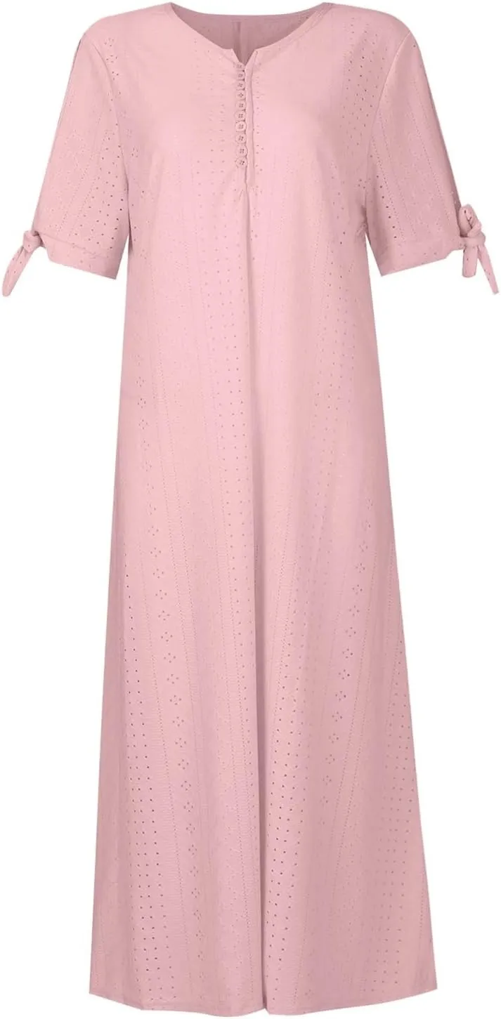 Summer Dresses for Women 2025 Casual Button Up Short Sleeve Eyelet Dress for Women Boho Tshirt Dress Beach Vacation Sundress