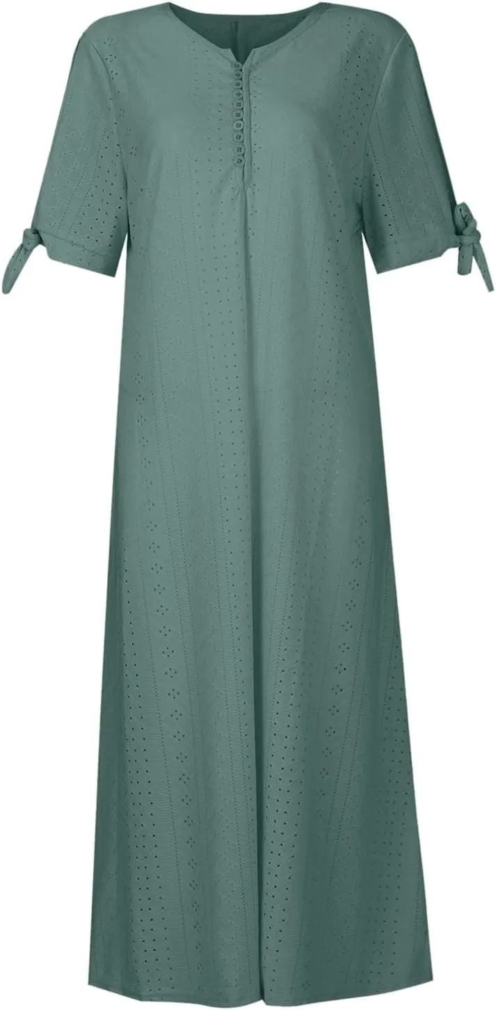 Summer Dresses for Women 2025 Casual Button Up Short Sleeve Eyelet Dress for Women Boho Tshirt Dress Beach Vacation Sundress